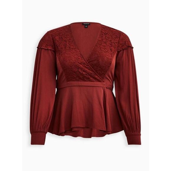 Torrid Crinkle Gauze Lace Inset Surplice Top Blouse Women’s Sz 1 1X/14-16 Red - Picture 1 of 10